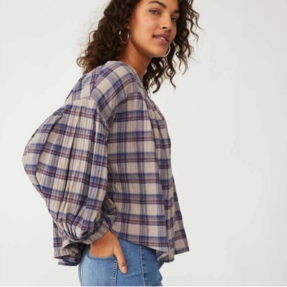 Free People Jessi Plaid Top Grey Combo Balloon Sleeves Oversized Size XS Cotton - Picture 2 of 15